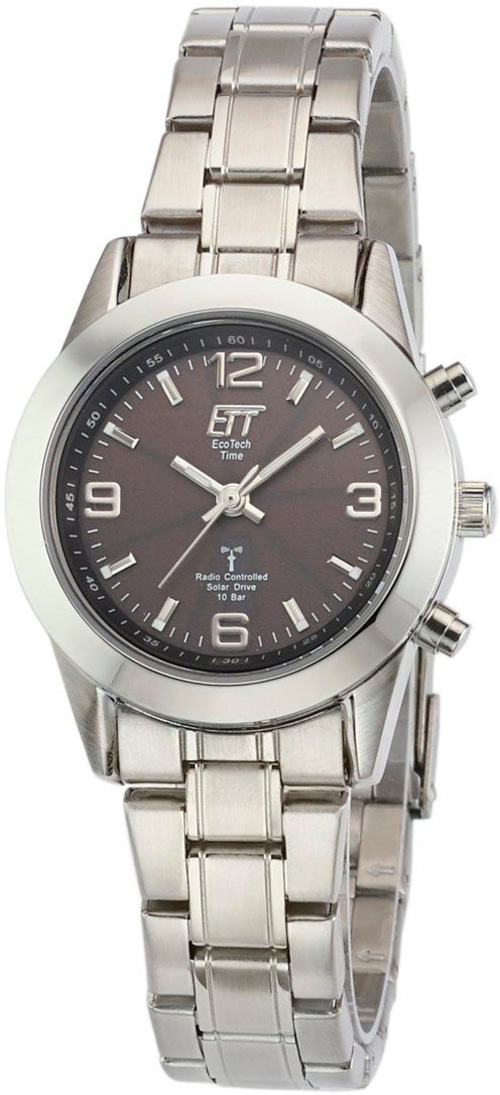Silberne Armbanduhr mit braunem Zifferblatt, Funksteuerung, Solarbetrieb und 10 Bar Wasserdichtigkeit.
