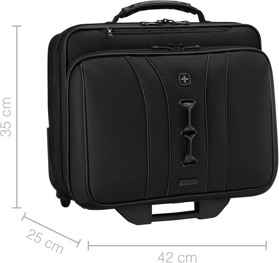 Schwarzer Koffer mit Rollen, 35 cm hoch, 25 cm breit, 42 cm lang, Swissgear