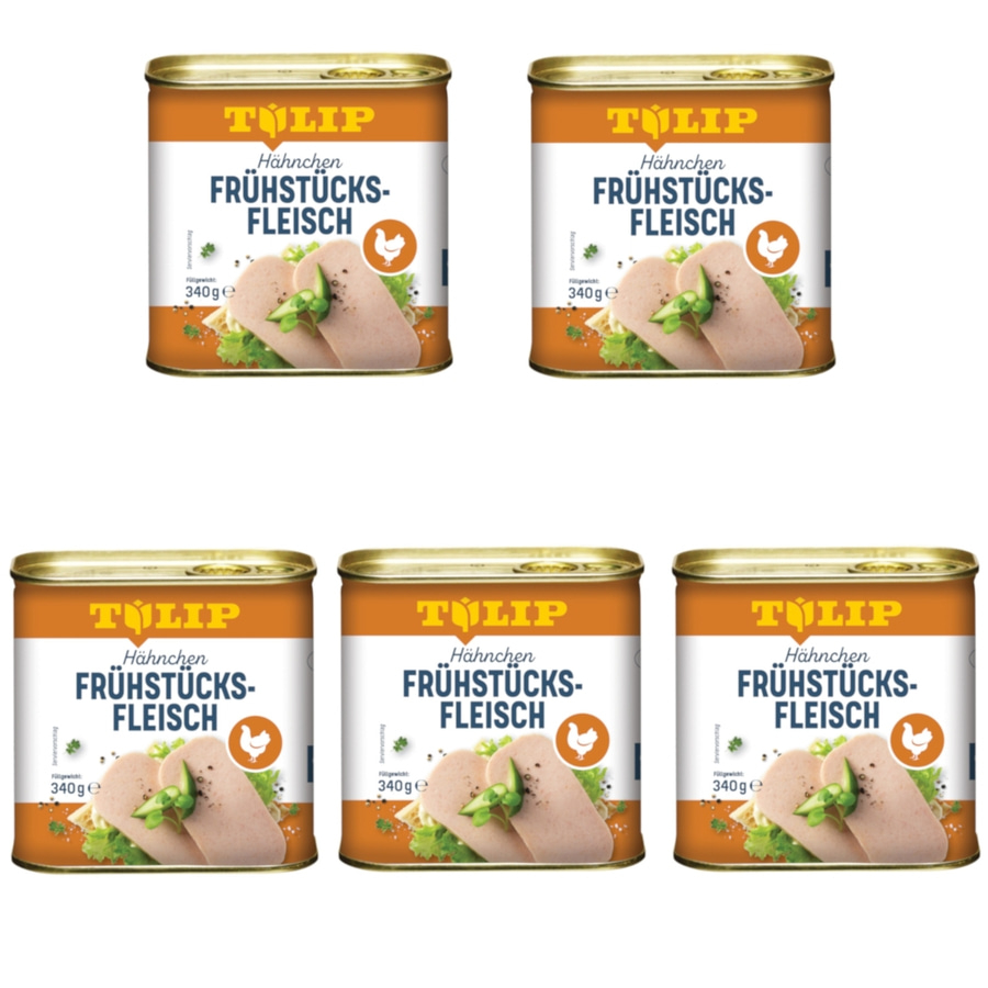 Fünf Dosen Hähnchen Frühstücksfleisch, Marke Tulip, 340g, mit Hähnchen-Logo