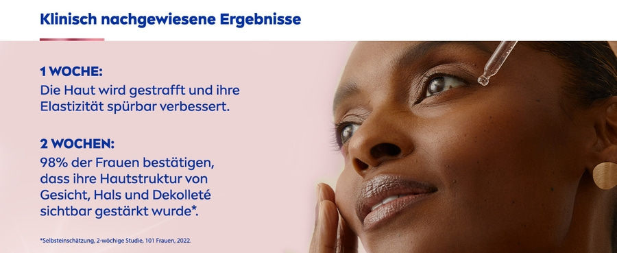 Klinisch nachgewiesene Ergebnisse: Hautstraffung und verbesserte Elastizität nach 1 Woche.