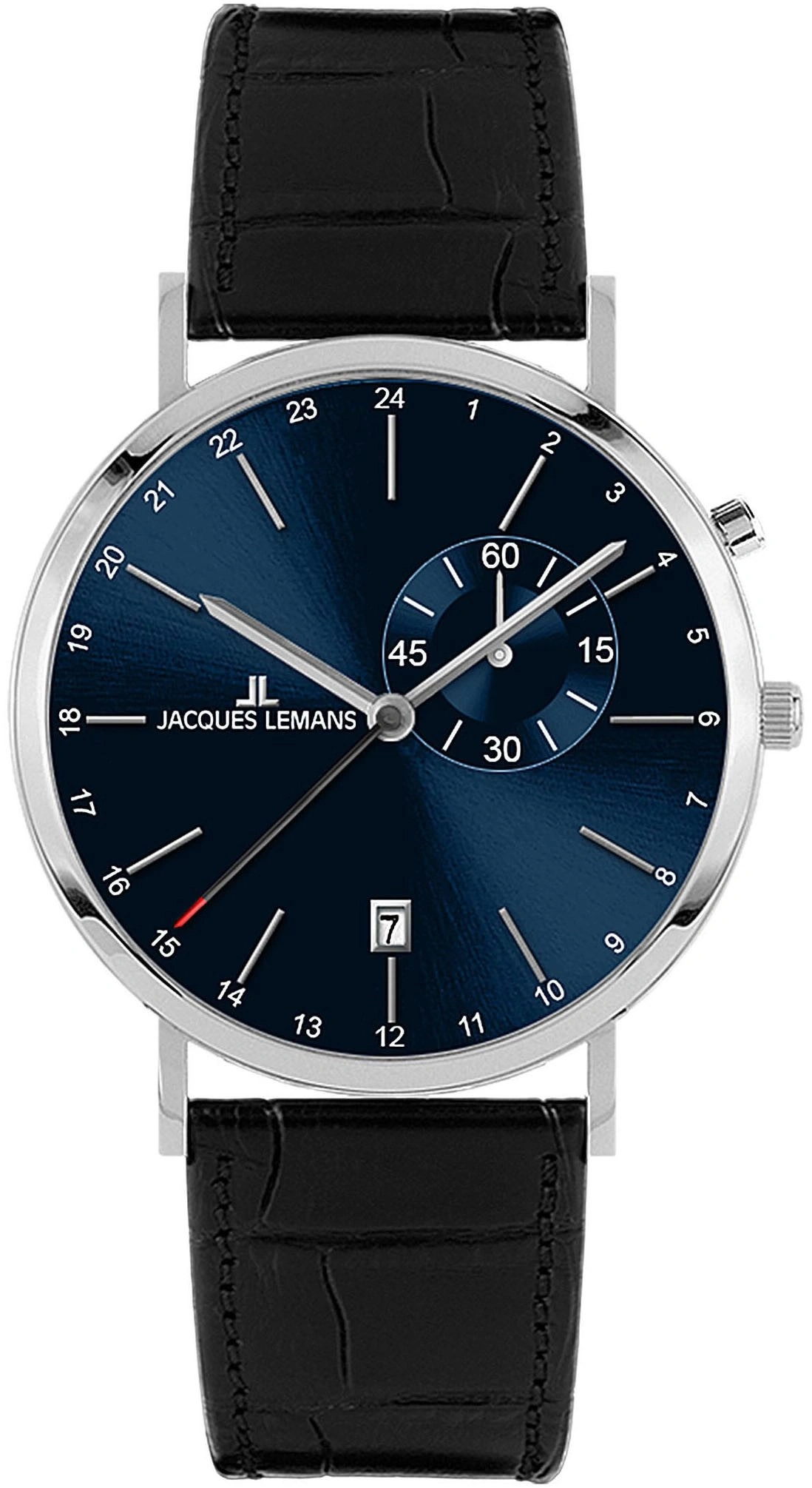 Herrenuhr mit blauem Zifferblatt und schwarzem Lederarmband