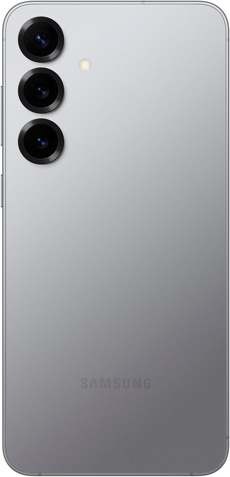 Graues Smartphone mit drei Kameras und Samsung-Logo auf der Rückseite.