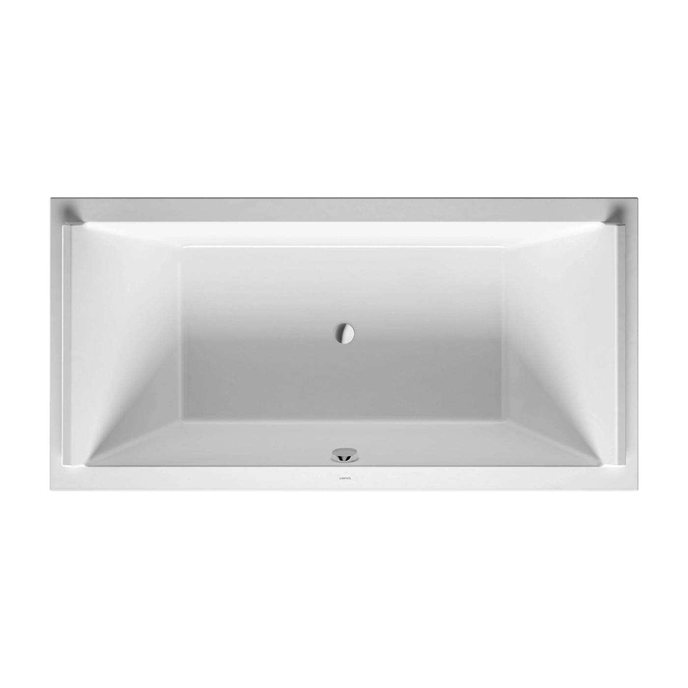 Eine weiße rechteckige Badewanne mit einem Chrom-Abflussloch in der Mitte.