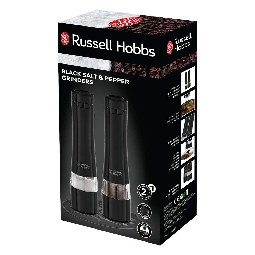 Russell Hobbs Black Salt & Pepper Grinders. Schwarze Edelstahl-Körper.