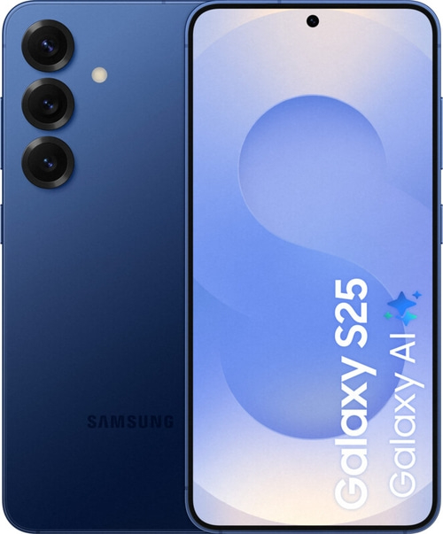 Blaues Samsung Galaxy S25-Smartphone mit drei Kameras und Galaxy AI-Logo auf dem Bildschirm.
