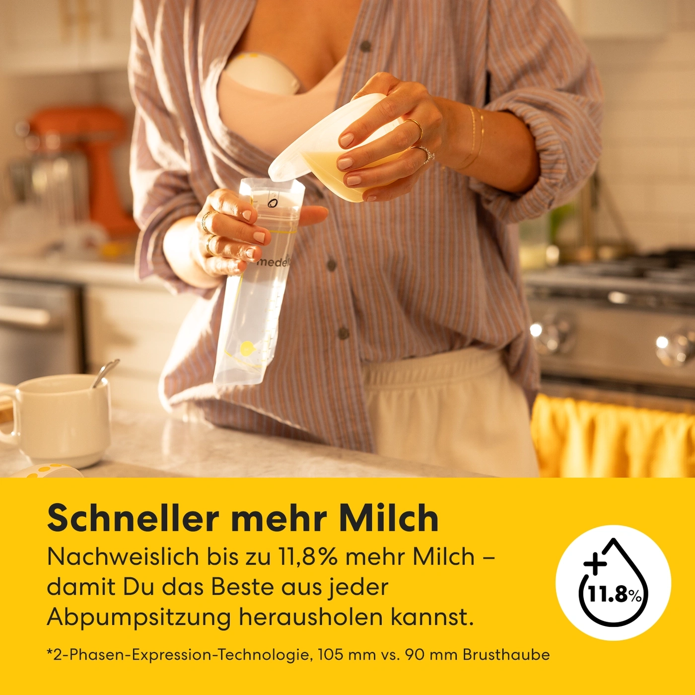 Frau gießt Milch in eine Flasche, schneller mehr Milch