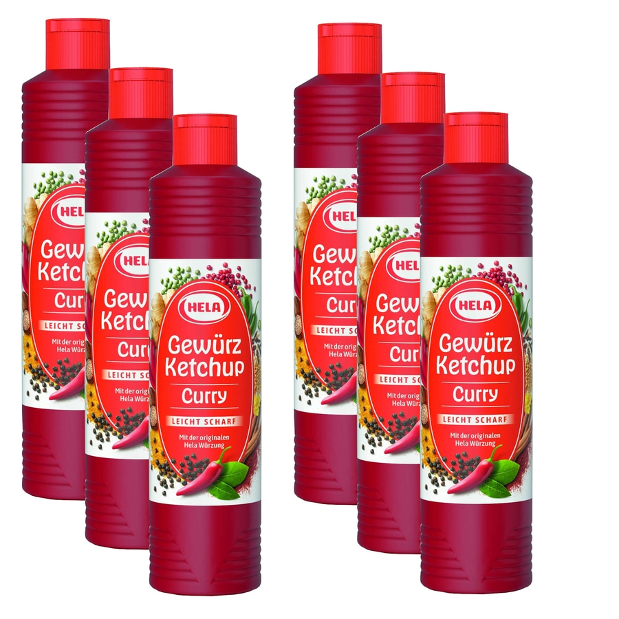 6 x Hela Ketchup Curry leicht scharf 800 ml Gewürzketchup Flasche Ketchupflasche