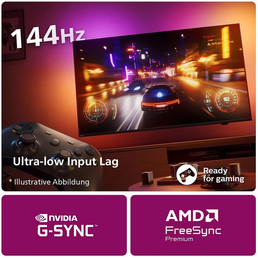 Gaming-Monitor mit 144Hz, Ultra-Low Input Lag, NVIDIA G-SYNC und AMD FreeSync Premium.