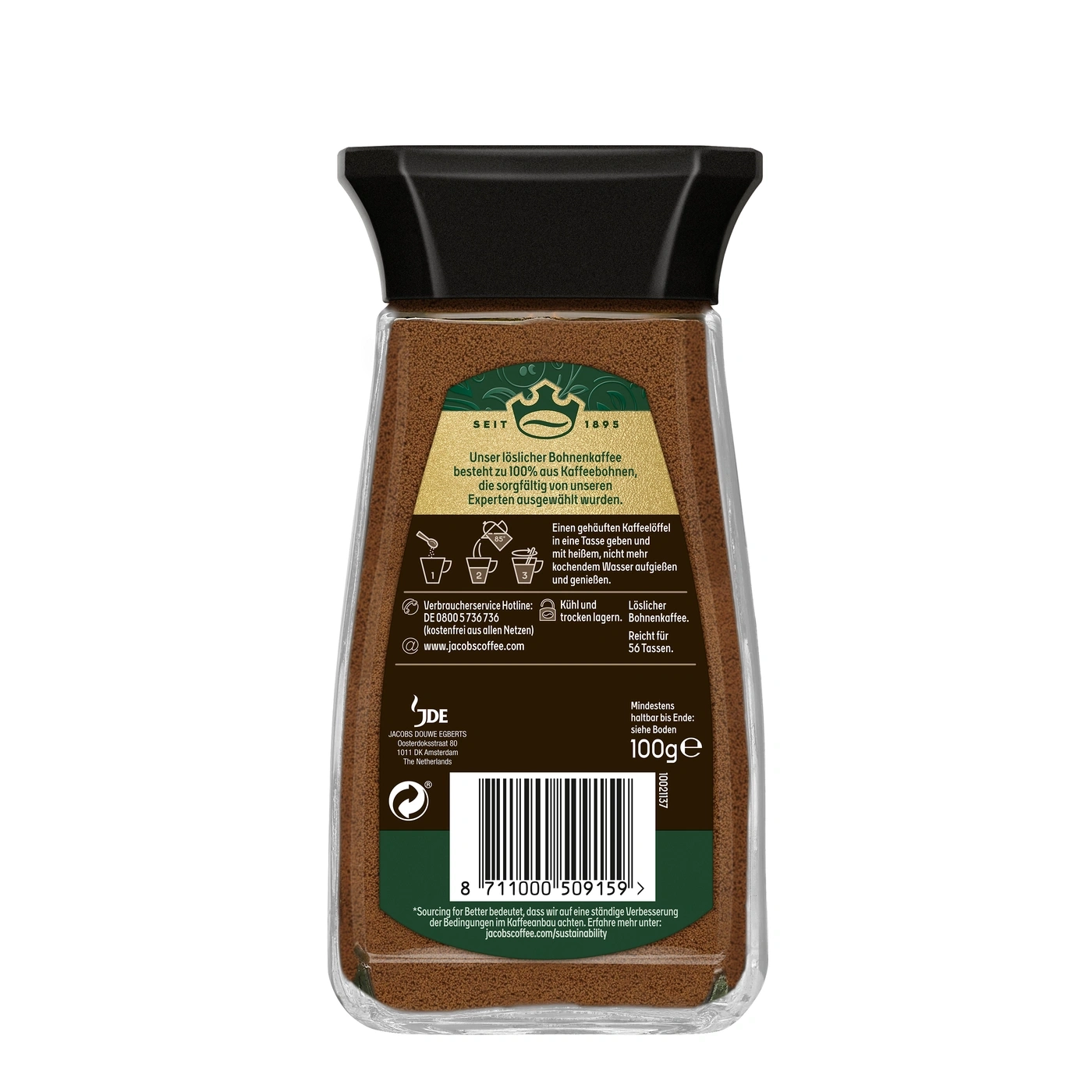 Kaffeeprodukt von Jacobs, löslicher Bohnenkaffee, 100g, Mindesthaltbarkeit, Zubereitungshinweise