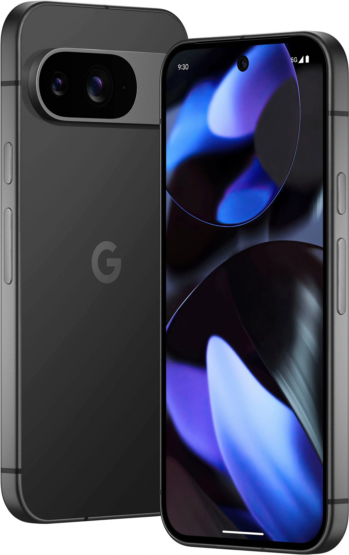 Ein dunkles Smartphone von Google mit zwei Kameras auf der Rückseite und einem Vollbildschirm.