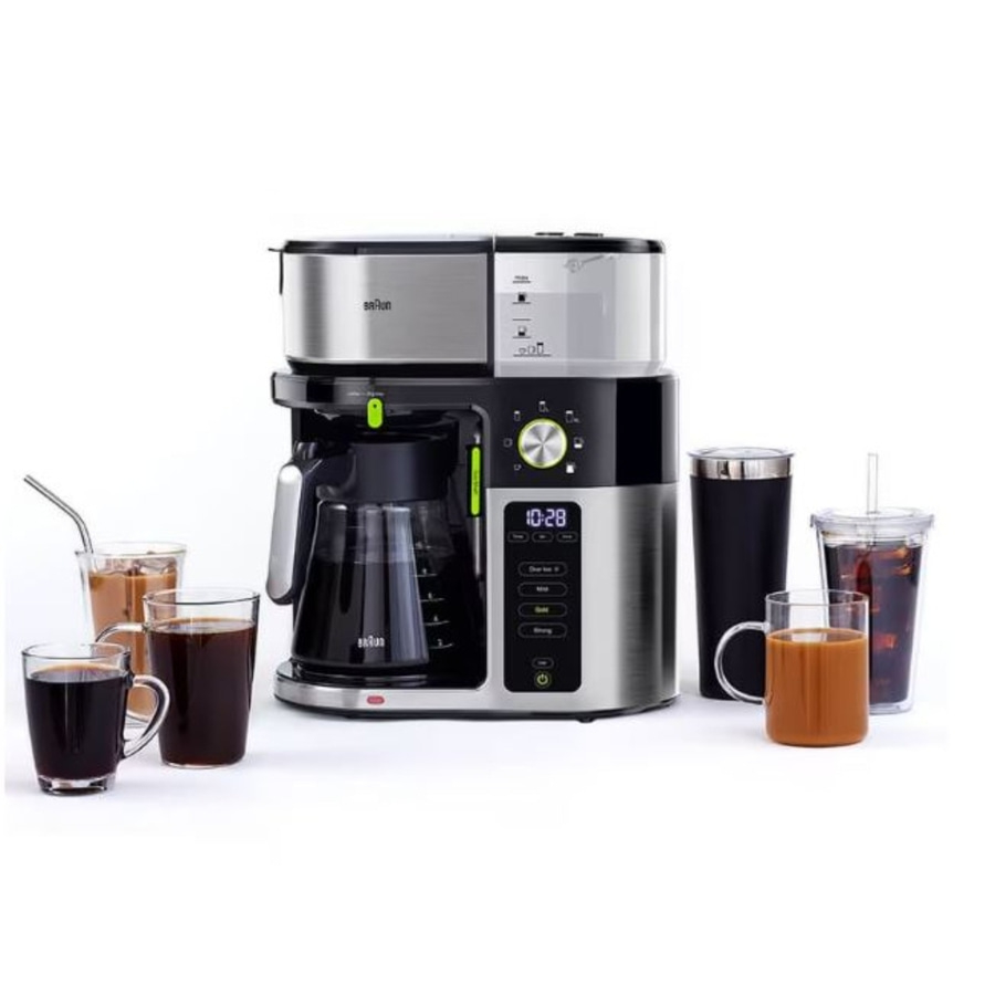 Kaffeemaschine mit Glaskaraffe und verschiedenen Kaffeegetränken