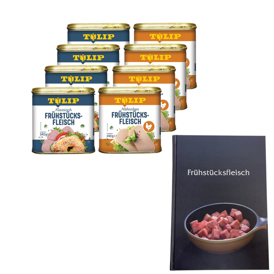 TULIP Bundle 8x Frühstücksfleisch Schwein Hähnchen 340g Delikatesse + Kochbuch