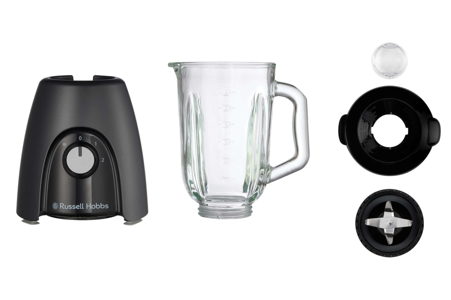 Ein Mixer mit verschiedenen Teilen, darunter ein Sockel, ein Glasbehälter und ein Deckel.