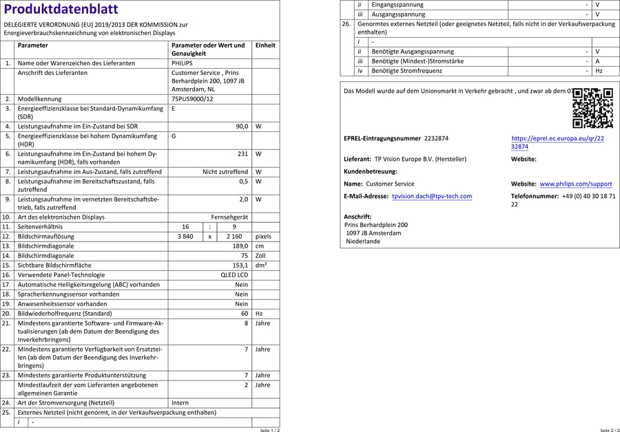 Produktdatenblatt mit technischen Daten zu Energieeffizienz, Bildschirm und Stromversorgung von Philips.