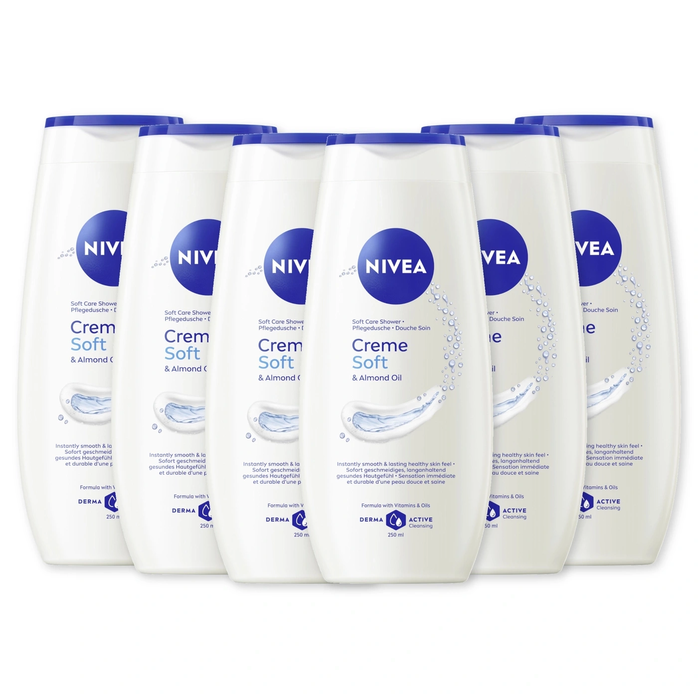 Sechs Nivea Crem Soft Duschgel Flaschen mit Mandelöl, 250 ml.