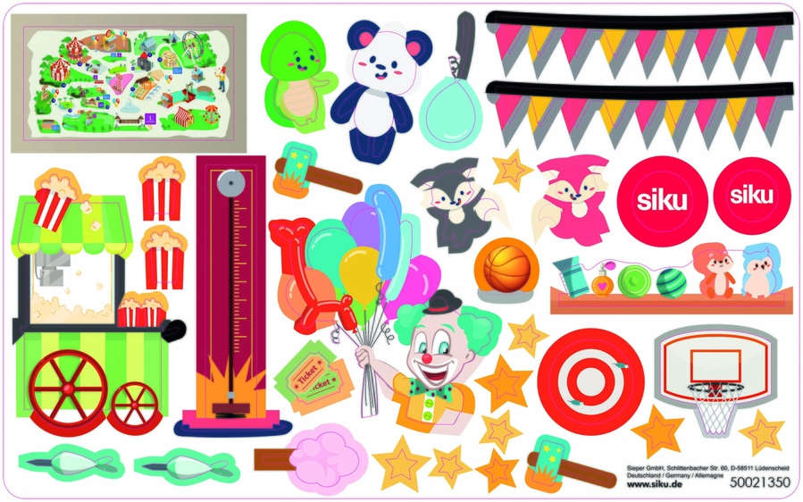 Buntes Jahrmarkt-Bild mit vielen Elementen wie Clown, Popcorn und Spielen.