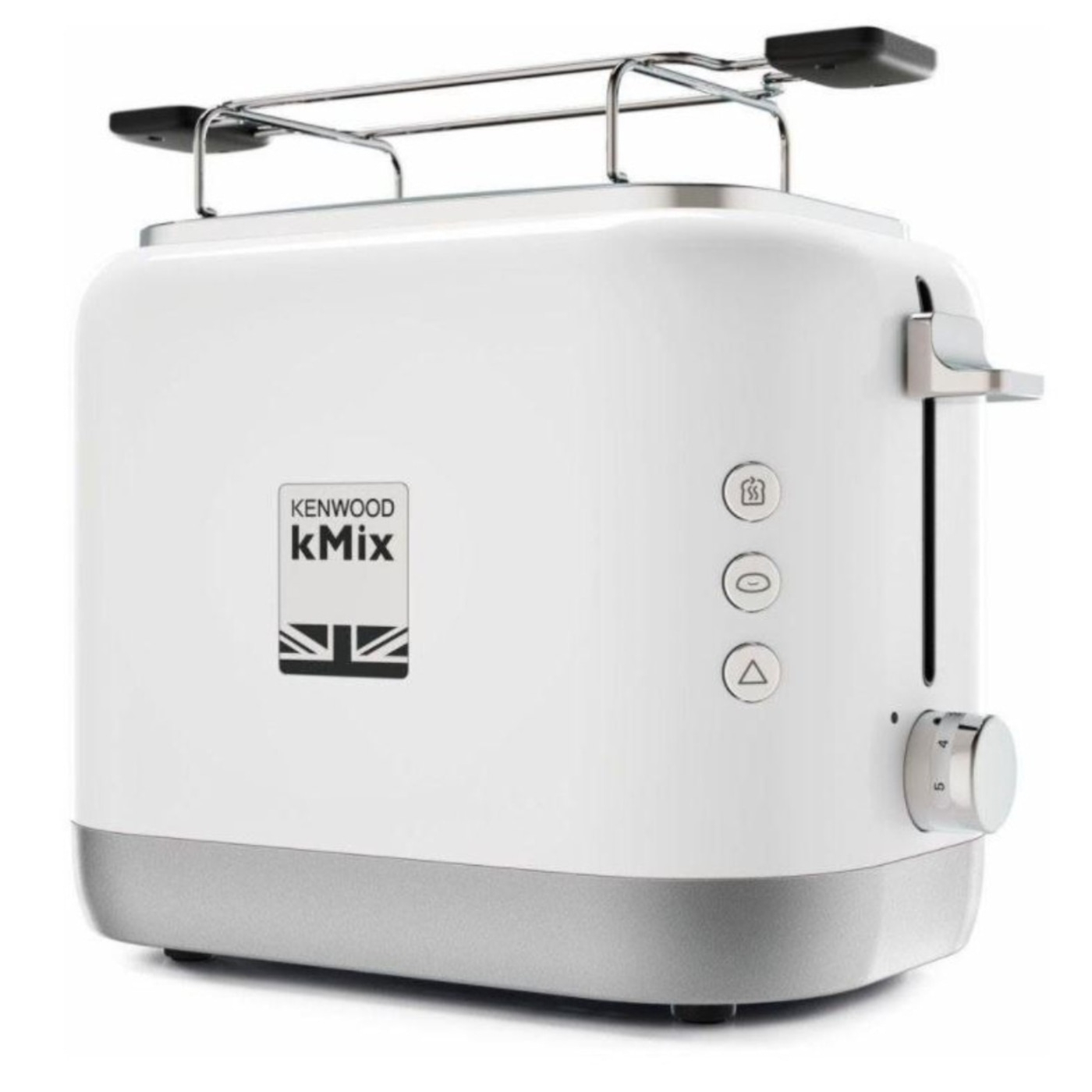 Ein weißer Kenwood kMix Toaster mit silbernem Sockel und Brötchenaufsatz.