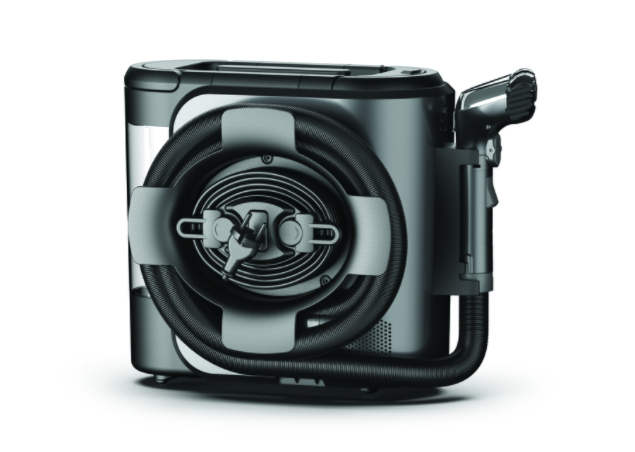 Schwarzes Sprühgerät mit Schlauch und Griff, auf weißem Hintergrund