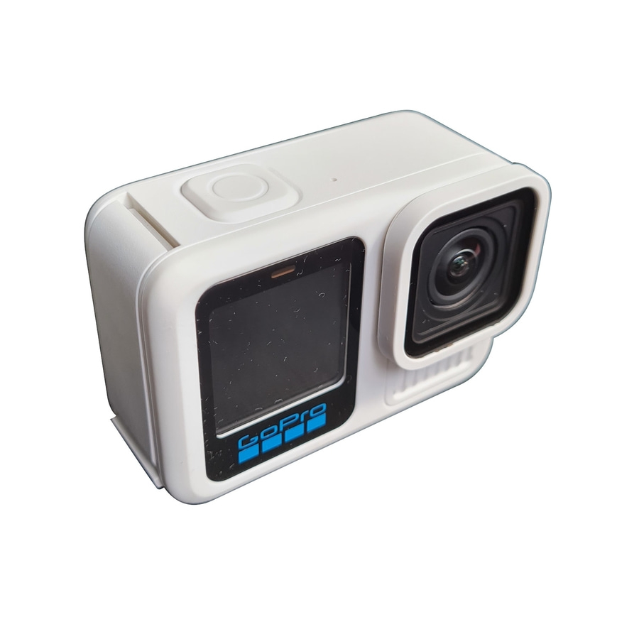 Eine weiße GoPro-Kamera mit einem blauen Logo und einem Bildschirm.