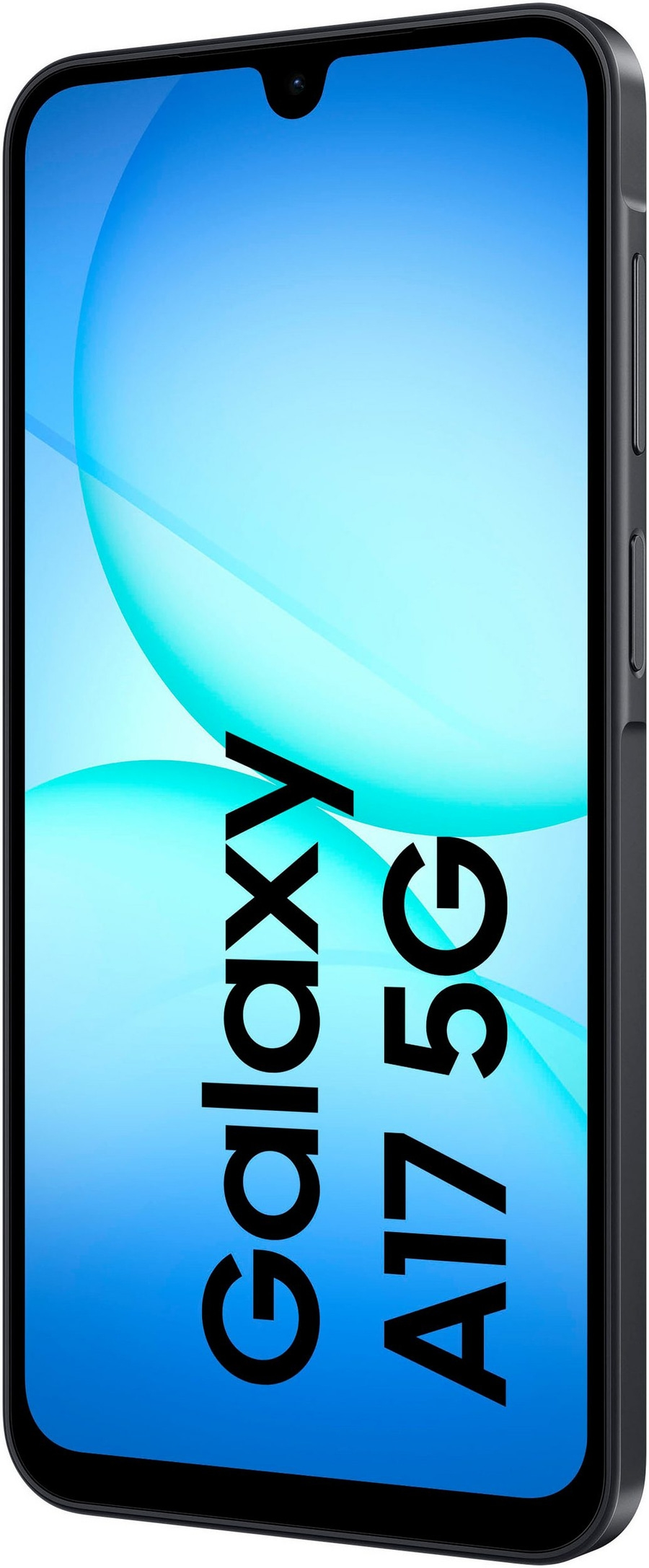 Smartphone mit Galaxy A17 5G Schriftzug auf blauem Hintergrund