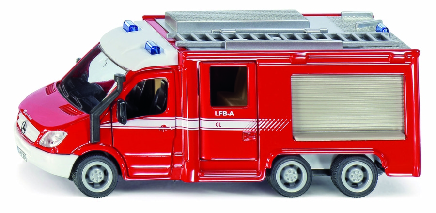 Rotes Feuerwehrauto mit Leiter und Blaulicht, Spielzeugmodell, detailreich.