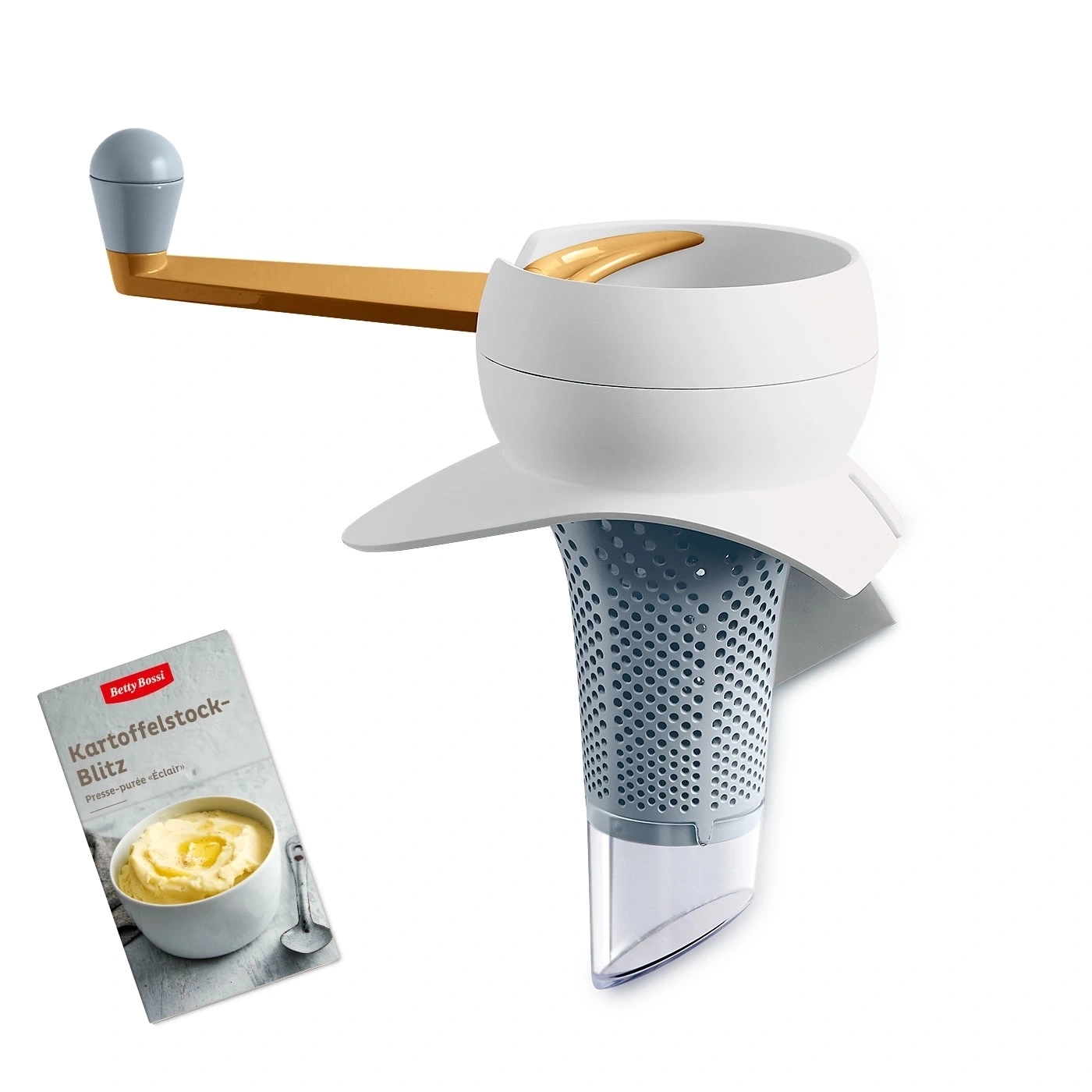 Kartoffelstampfer mit Handkurbel und Rezeptheft, weiß und goldfarben