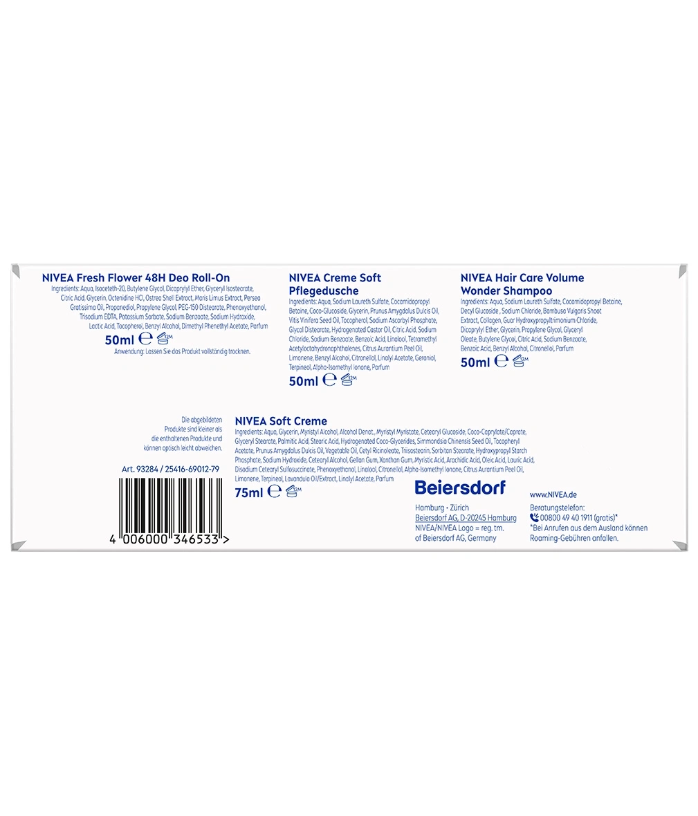Nivea Produktbeschreibungen, Inhaltsstoffe und Barcode auf einer Verpackung.
