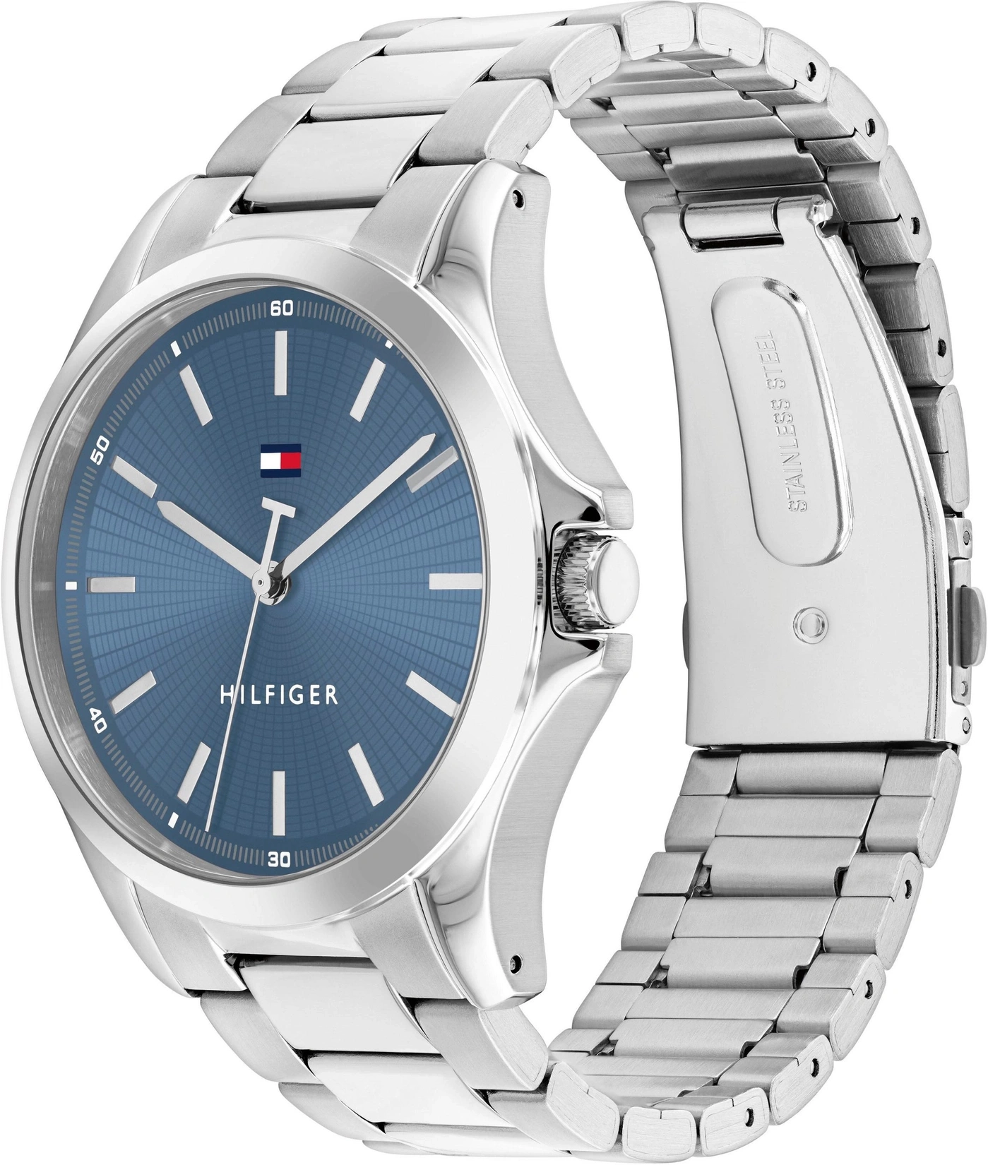 Silberne Tommy Hilfiger Herrenuhr mit blauem Zifferblatt und Metallarmband