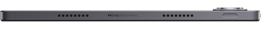 Graues Tablet mit Dolby Vision Atmos und Lautsprecheröffnungen.