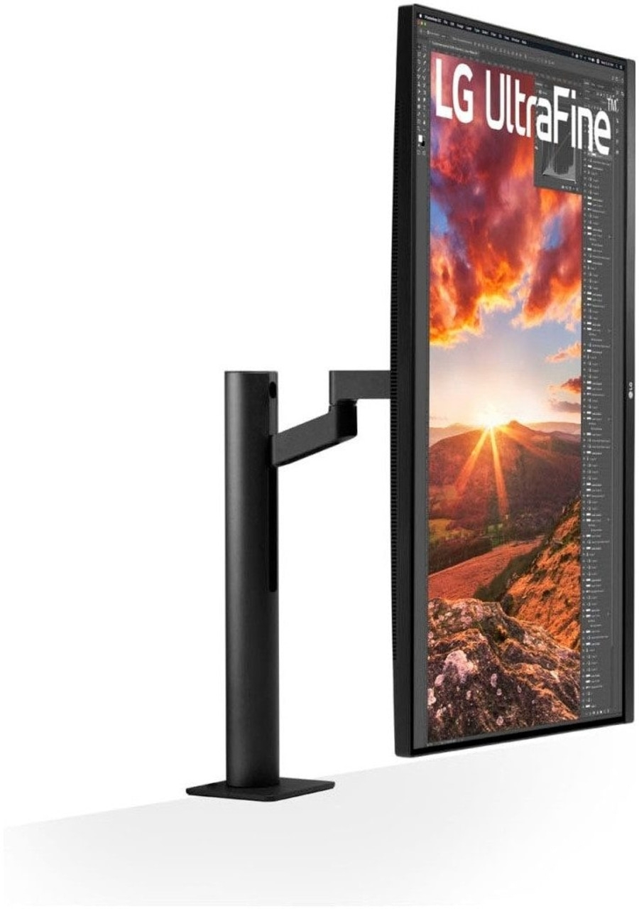 LG UltraFine Monitor mit Ständer, schwarzer Bildschirm, Landschaftsbild, Sonnenuntergang