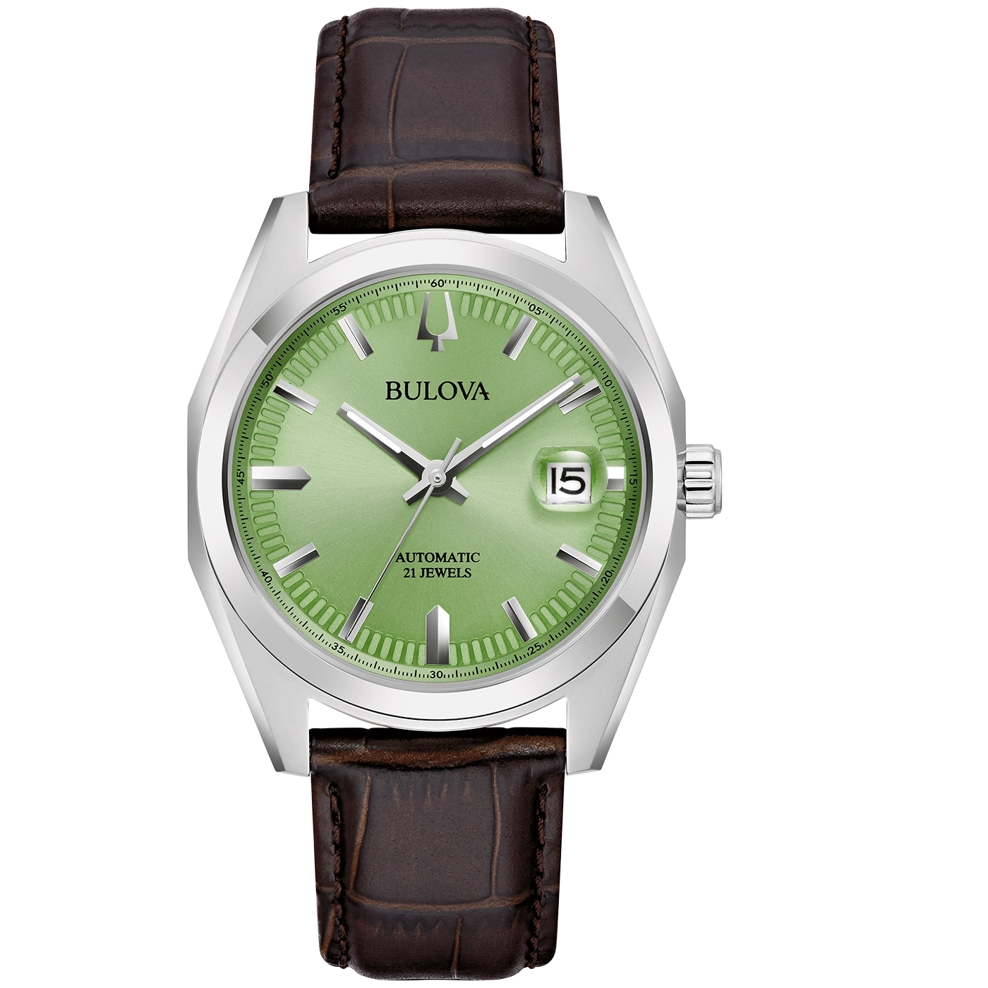 Silberne Bulova Automatikuhr mit hellgrünem Zifferblatt und braunem Lederarmband