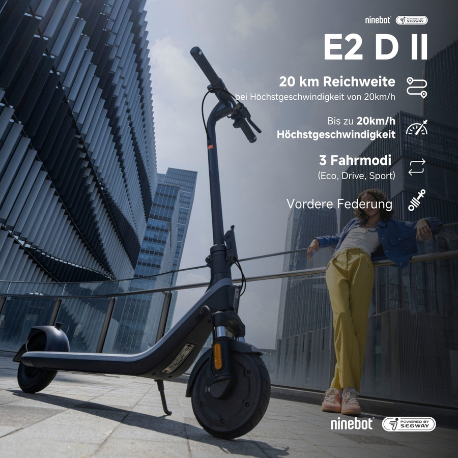 E-Scooter E2 D II von Ninebot mit 20 km Reichweite und 3 Fahrmodi.