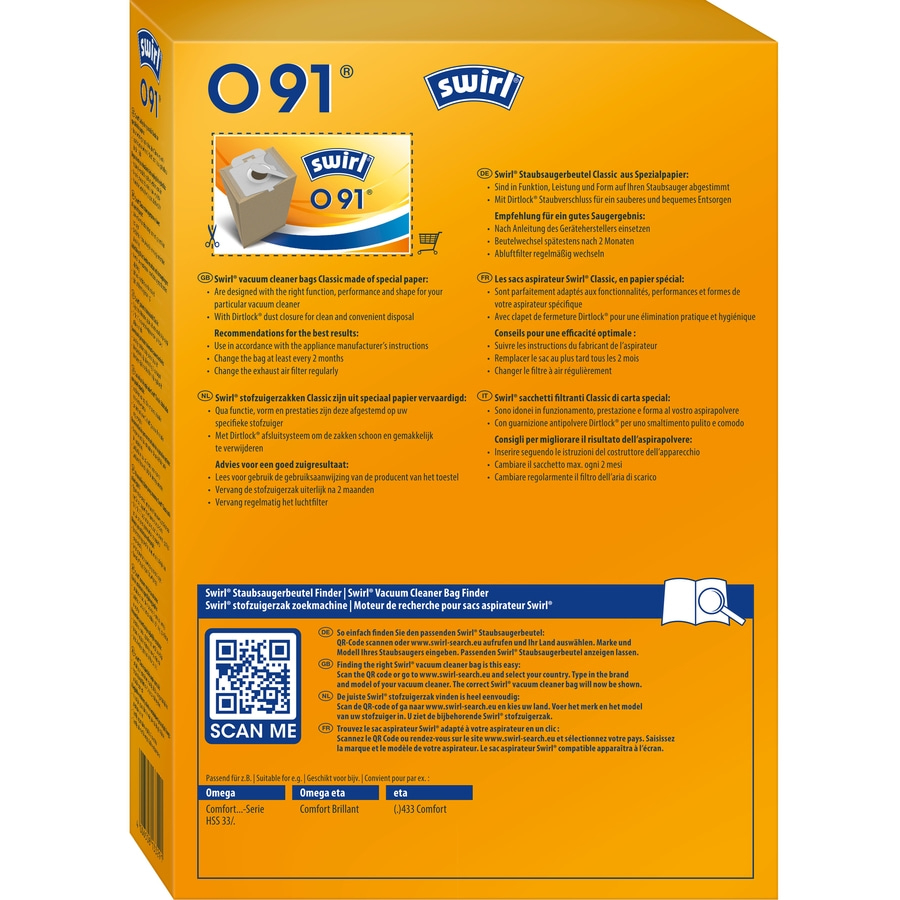 SWIRL Spezialpapier Staubsaugerbeutel O 91 Omega Eta 27 Beutel