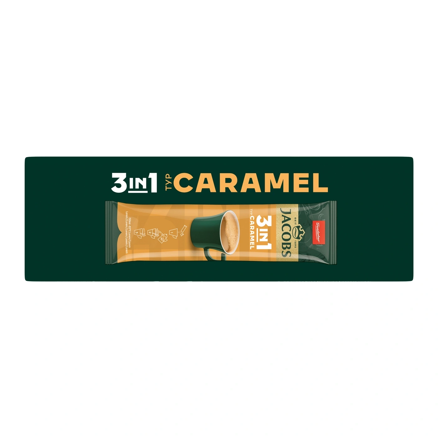 Jacobs 3in1 Karamell Kaffee in einem braunen Päckchen