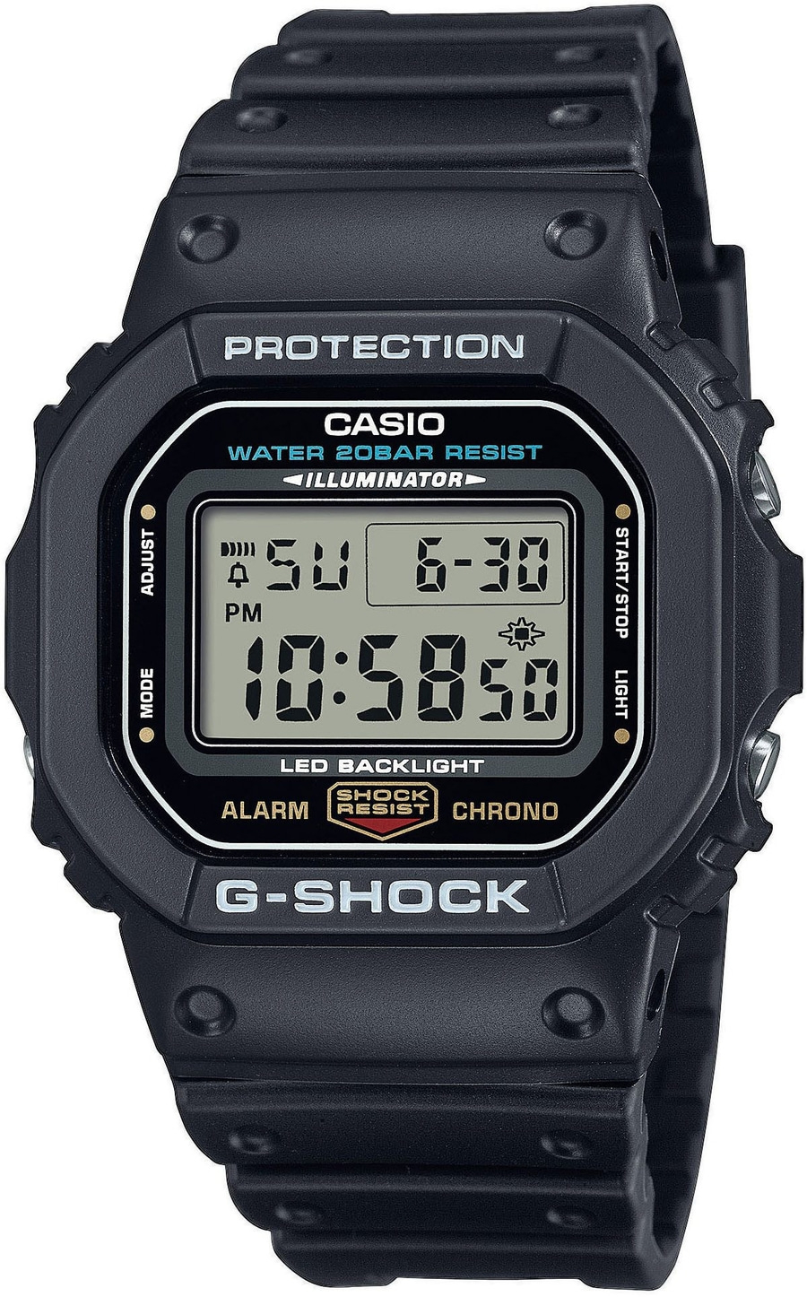 Schwarze Casio G-Shock Uhr mit digitalem Display, Alarm und Stoßfestigkeit.
