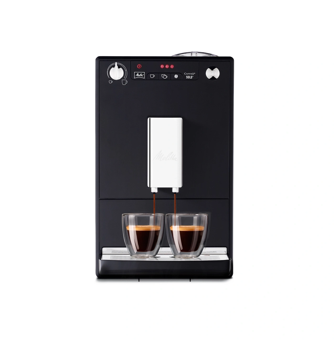 Schwarze Kaffeemaschine mit zwei Tassen, die Kaffee zubereitet, Melitta Caffeo Solo