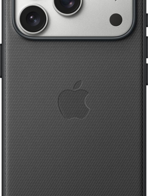 Nahaufnahme eines schwarzen iPhones mit eingeprägtem Apple-Logo und drei Kameralinsen.