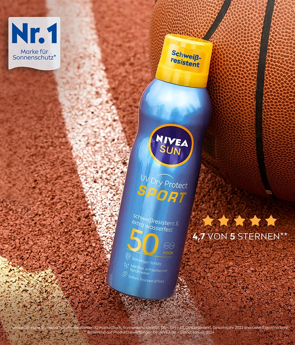 Nivea Sonnenschutz Spray mit Basketball und Sternenbewertung