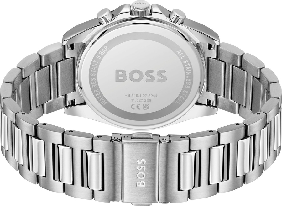 Rückseite einer silbernen BOSS-Armbanduhr mit silbernem Armband