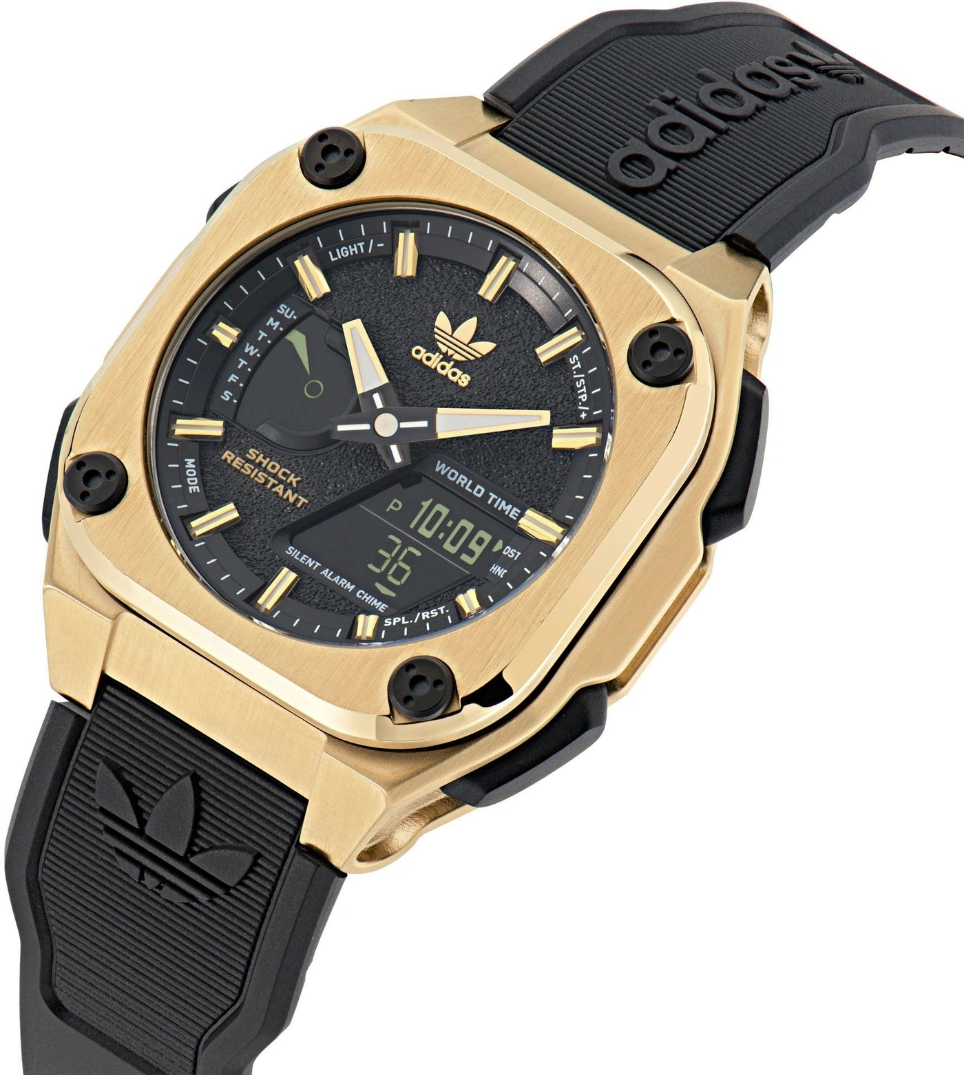 Goldene Adidas-Armbanduhr mit schwarzem Zifferblatt und Armband