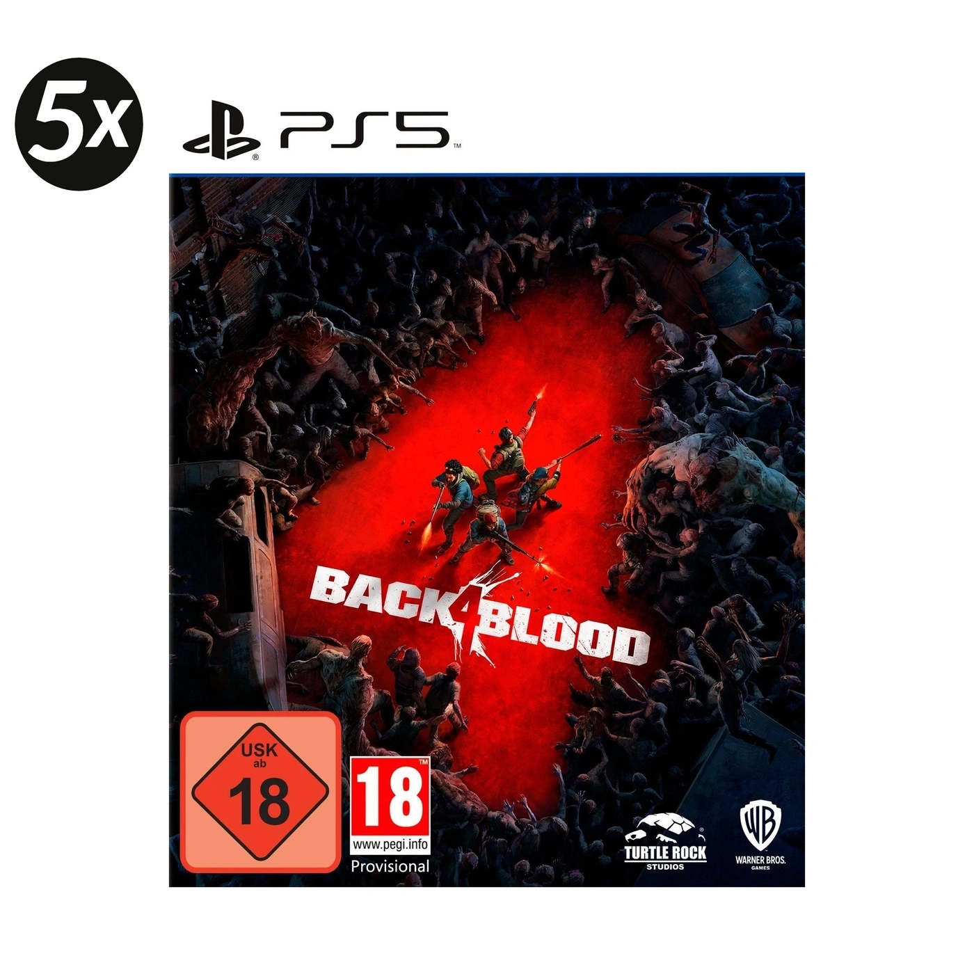 Das Cover von Back 4 Blood für PS5 zeigt eine Gruppe von Überlebenden, die von Zombies umzingelt sind.