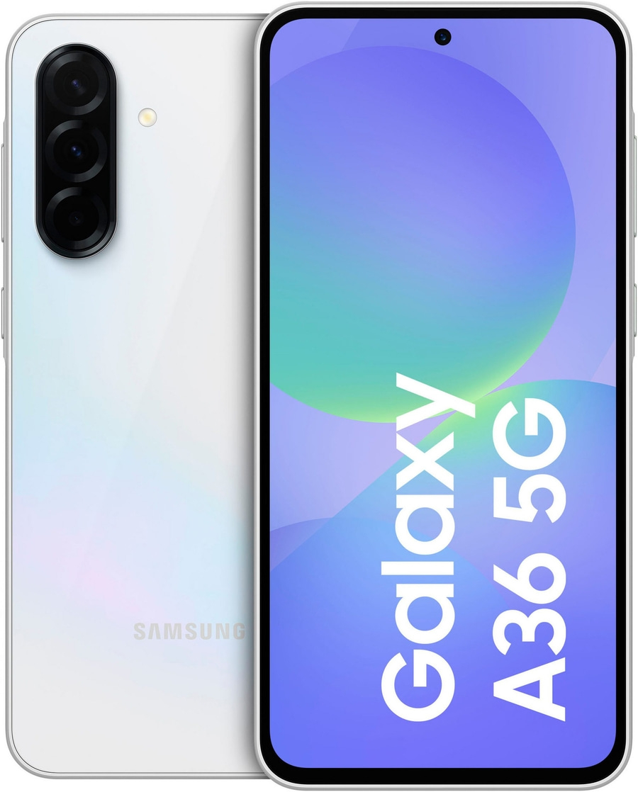 Weißes Samsung Galaxy A36 5G Smartphone mit Dreifachkamera und Display