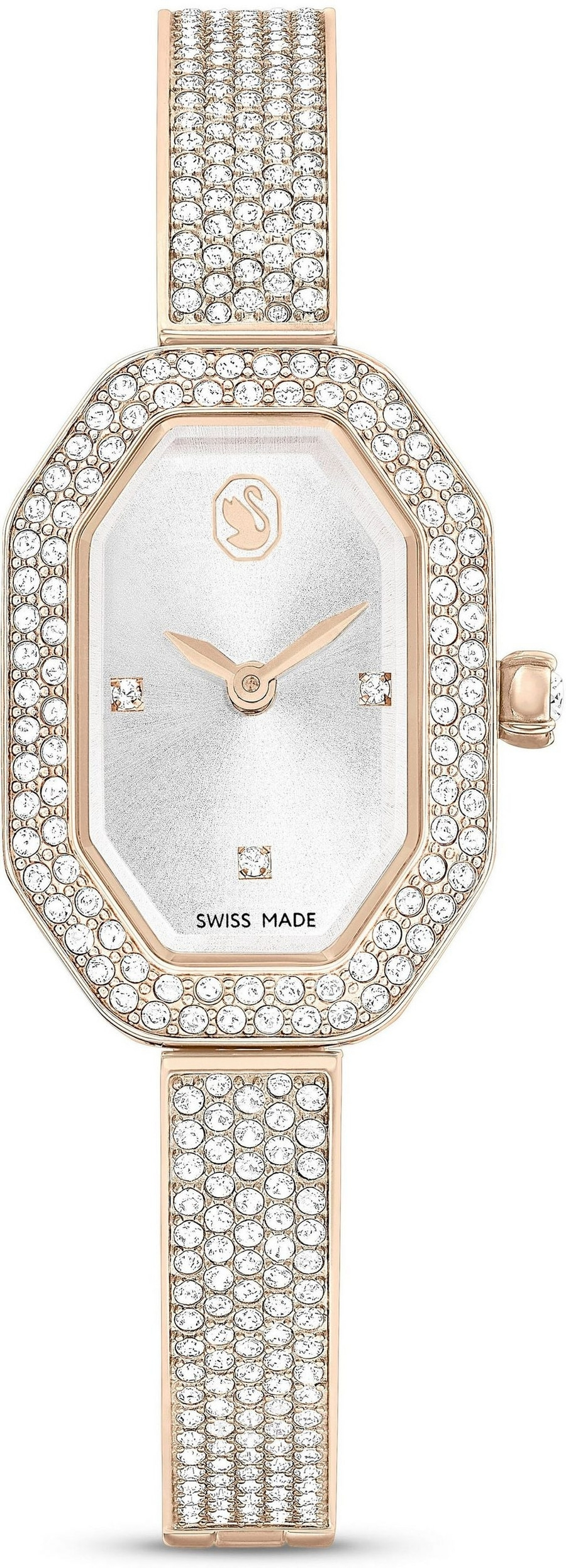 Eine Lupe zeigt eine Lupe einer silbernen Uhr mit Swarovski-Kristallen und einem Swiss Made-Schriftzug.
