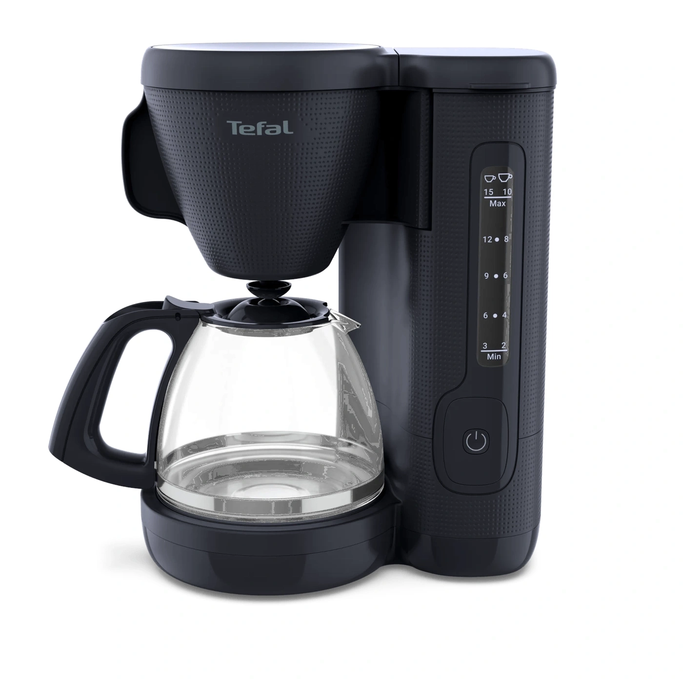Schwarzer Tefal Kaffeeautomat mit Glaskanne und Anzeige für Tassenanzahl.