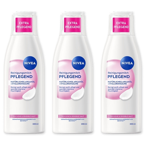 Nivea Reinigungsmilch Pflegend mit Arganöl und Hyaluronsäure für trockene Haut.