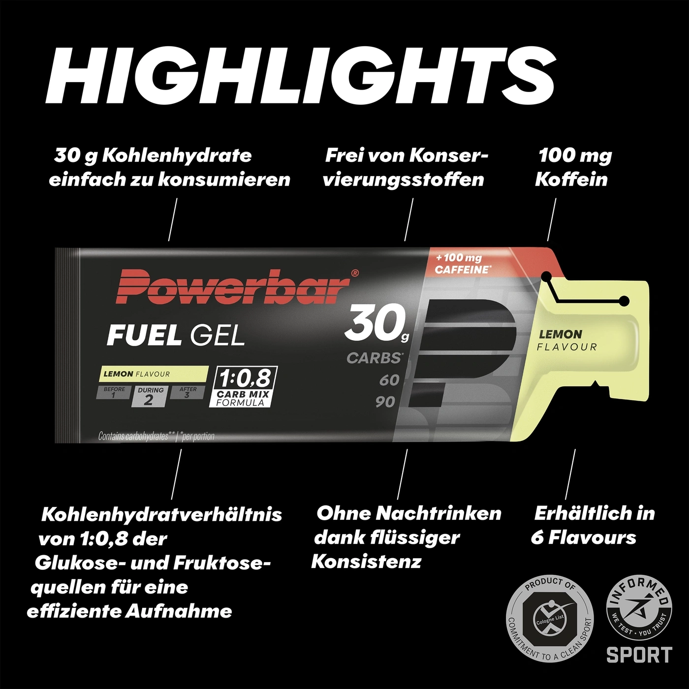 Powerbar Fuel Gel mit 30g Kohlenhydraten und 100mg Koffein in Lemon Geschmack