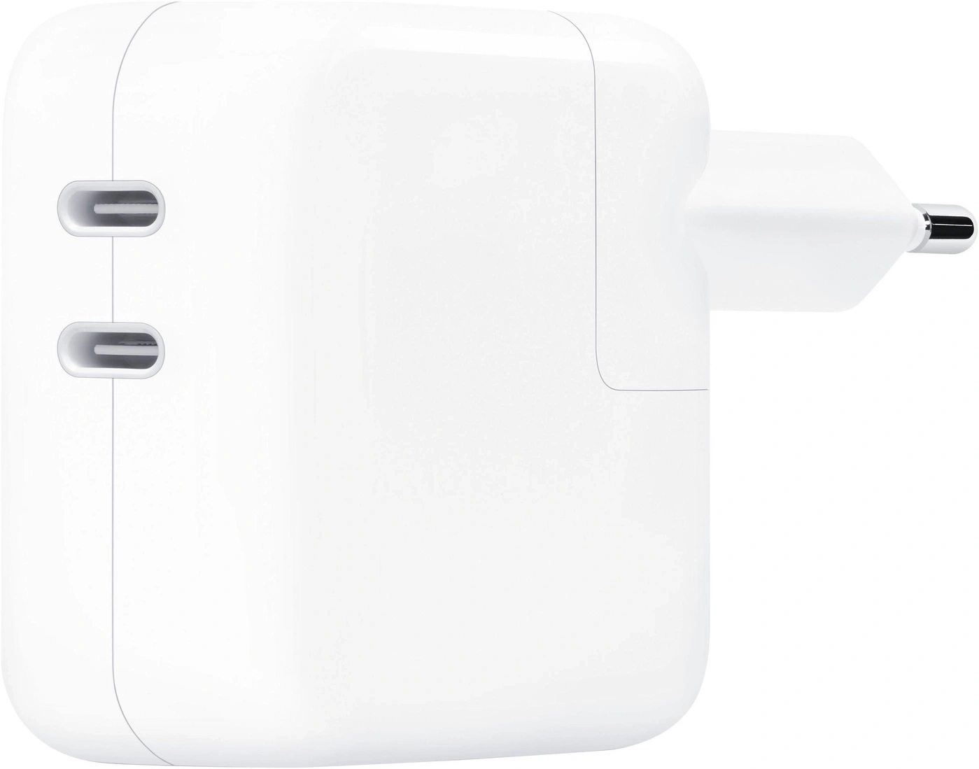 Ein weißes Ladegerät mit zwei USB-C-Anschlüssen und einem Stecker.