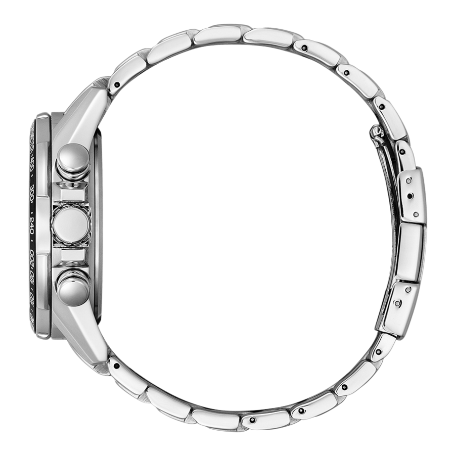 Seitenansicht einer silbernen Armbanduhr mit Armband, Nahaufnahme.