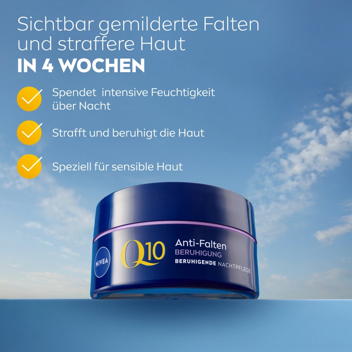 Nivea Q10 Anti-Falten Nachtpflege, reduziert Falten in 4 Wochen, beruhigt die Haut.