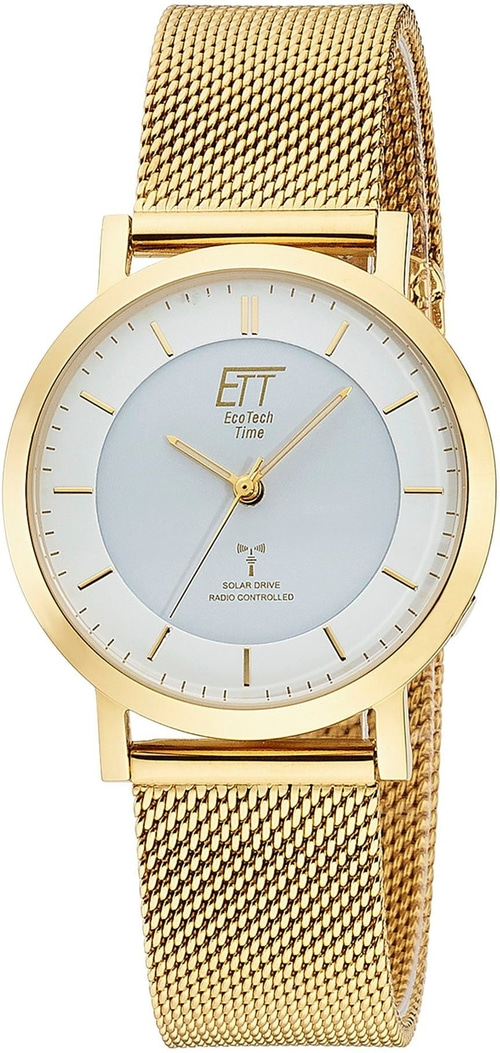Goldene Uhr mit weißem Zifferblatt und goldenem Armband, ETT EcoTech Time